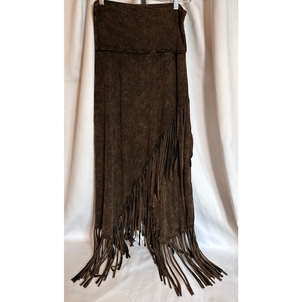 Brown Asymmetrical Maxi Skirt Boho Festival Cowgirl Western Foldover Waist Large - Picture 2 of 7